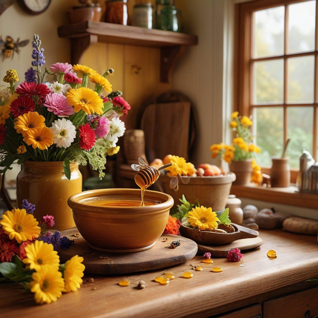 A vivid, nature-inspired scene featuring golden honey dripping from a wooden dipper, surrounded by fresh flowers, bees buzzing, and rustic jars filled with honey. In the background, showcase a cozy kitchen with ingredients for recipes, highlighting the warmth of natural elements. The overall atmosphere should exude sweetness and creativity. super-realistic. vibrant colors. warm tones.