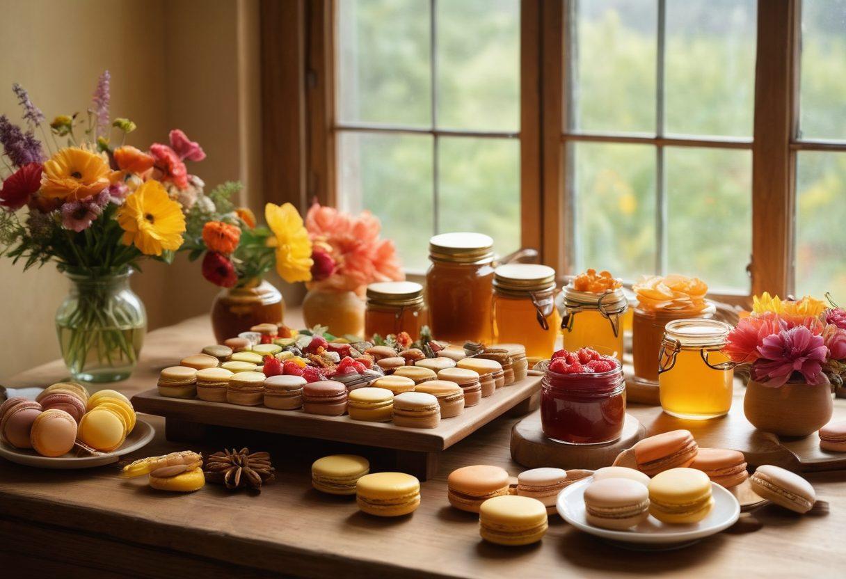 A beautifully arranged wooden table filled with an assortment of gourmet honey jars, each infused with fruits, herbs, and spices, surrounded by delicate desserts like honey-glazed tarts and macarons. Soft sunlight filtering through a nearby window casts a warm glow, highlighting the rich colors of the honey and desserts. Bees buzzing gently around fresh flowers in a vase complete the scene of natural sweetness and culinary artistry. super-realistic. warm tones. soft lighting.