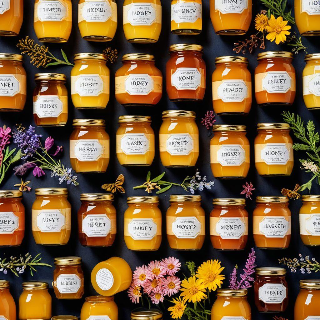 A whimsical arrangement of various artisanal honey jars, each uniquely labeled, nestled among delicate, vibrant wildflowers. Display unique pairings like honey drizzled over cheese and fruits, alongside DIY honey craft materials like beeswax and jars. Soft, warm lighting enhances the sweet ambiance, inviting viewers to explore the delicious world of honey. painterly style, warm tones, nature-inspired.